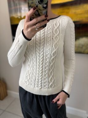 J. Crew Cream Cable Knit Sweater with Black Trim XS